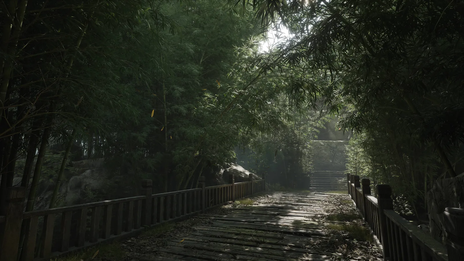《影之刃零》探索场景：雾气弥漫的林间石阶与远处灯笼